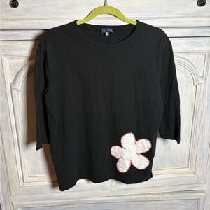 Top Ligne Black 3/4 Sleeve Embroidered Daisy Top Quiet Luxury Preppy‎ Neutral